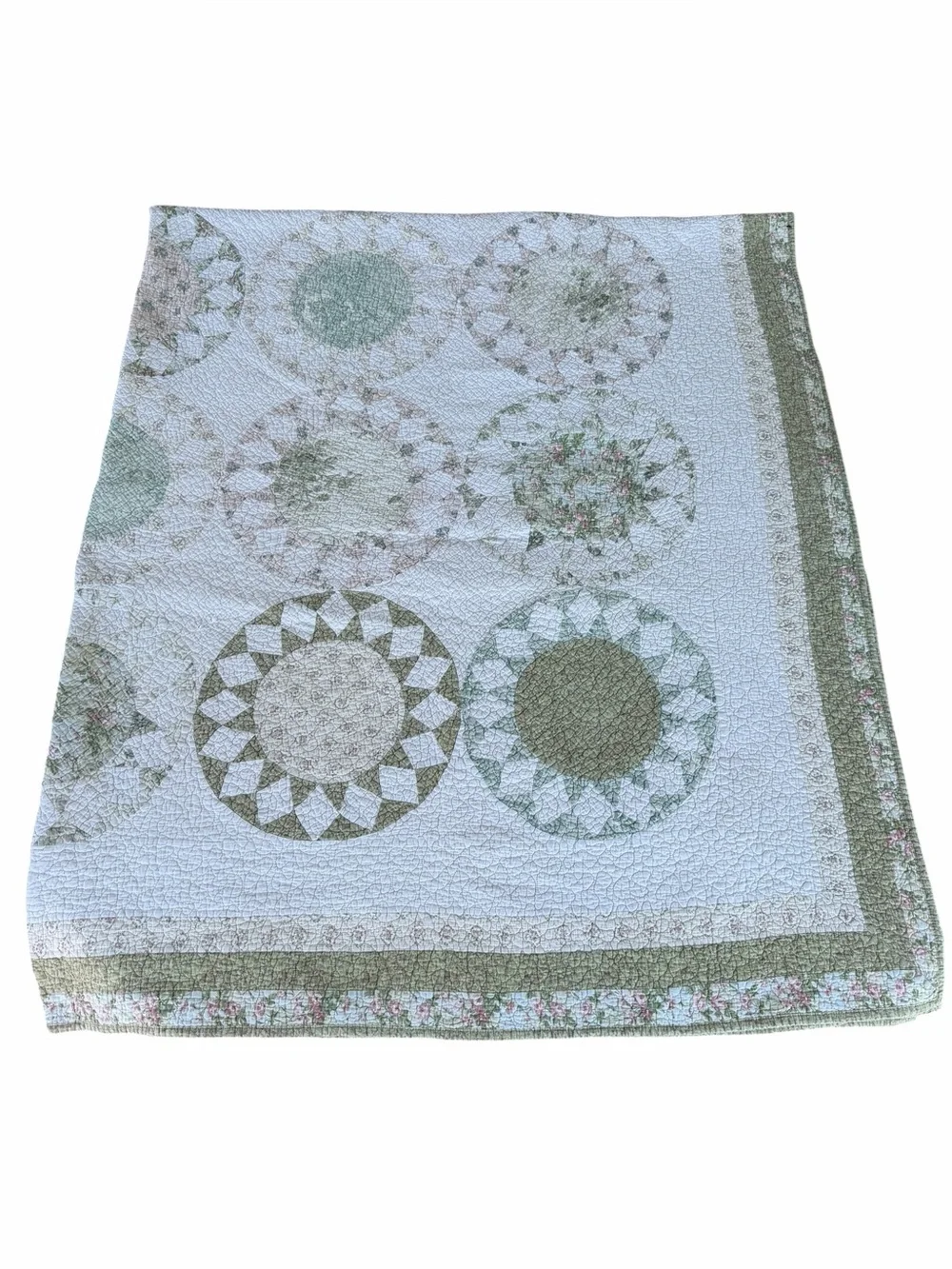 VTG 90s Sunflower Dresden Plate Quilt Green Pink Soft Country Floral 86x100 READ